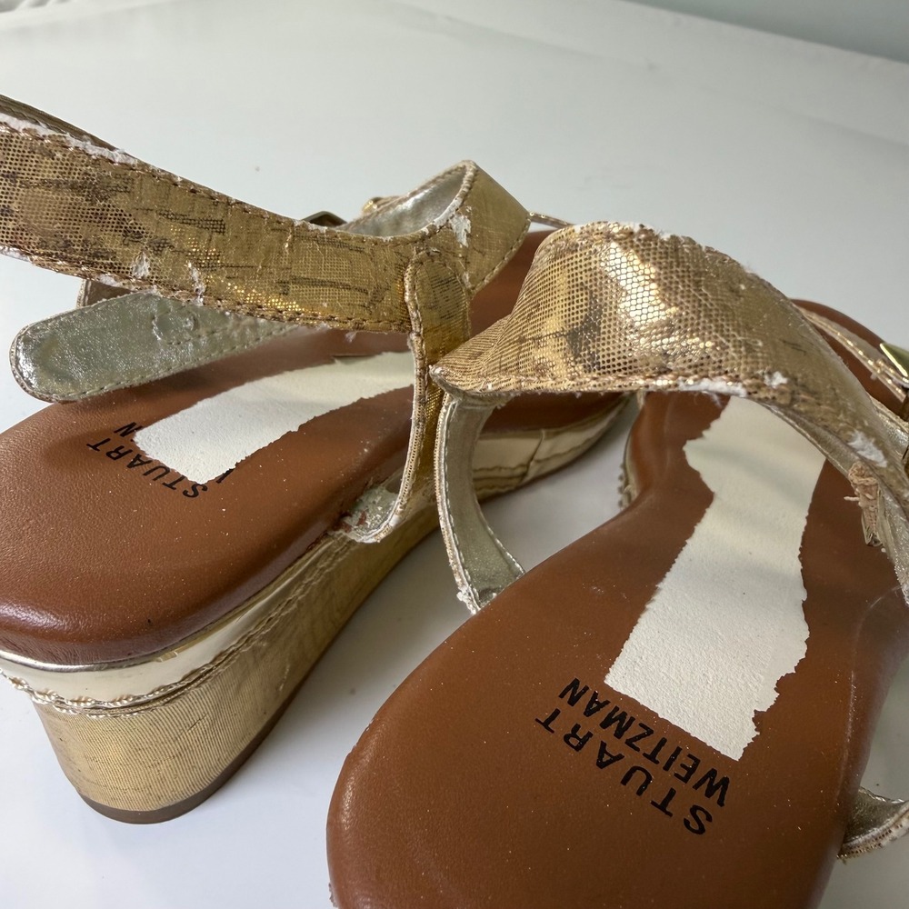 Stuart Weitzman Metallic Gold‎ Wedge Sandals Buckle Straps Size 4 US 36 Euro - Picture 5 of 10